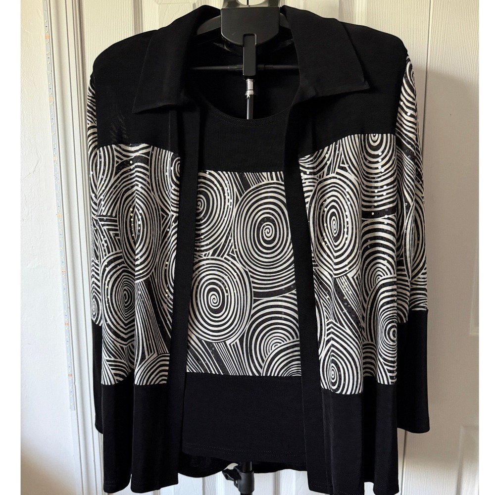 Kokomo UH Ltd Black White Spiral Sequin Twin Set Cardigan Tank Small USA Made
